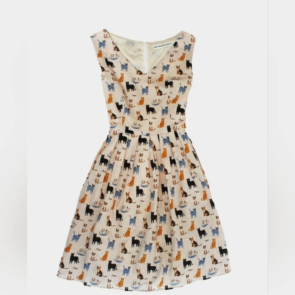 SM Wardrobe Della Cat Print Sleeveless Tie Back Dress Size XL - Picture 2 of 12